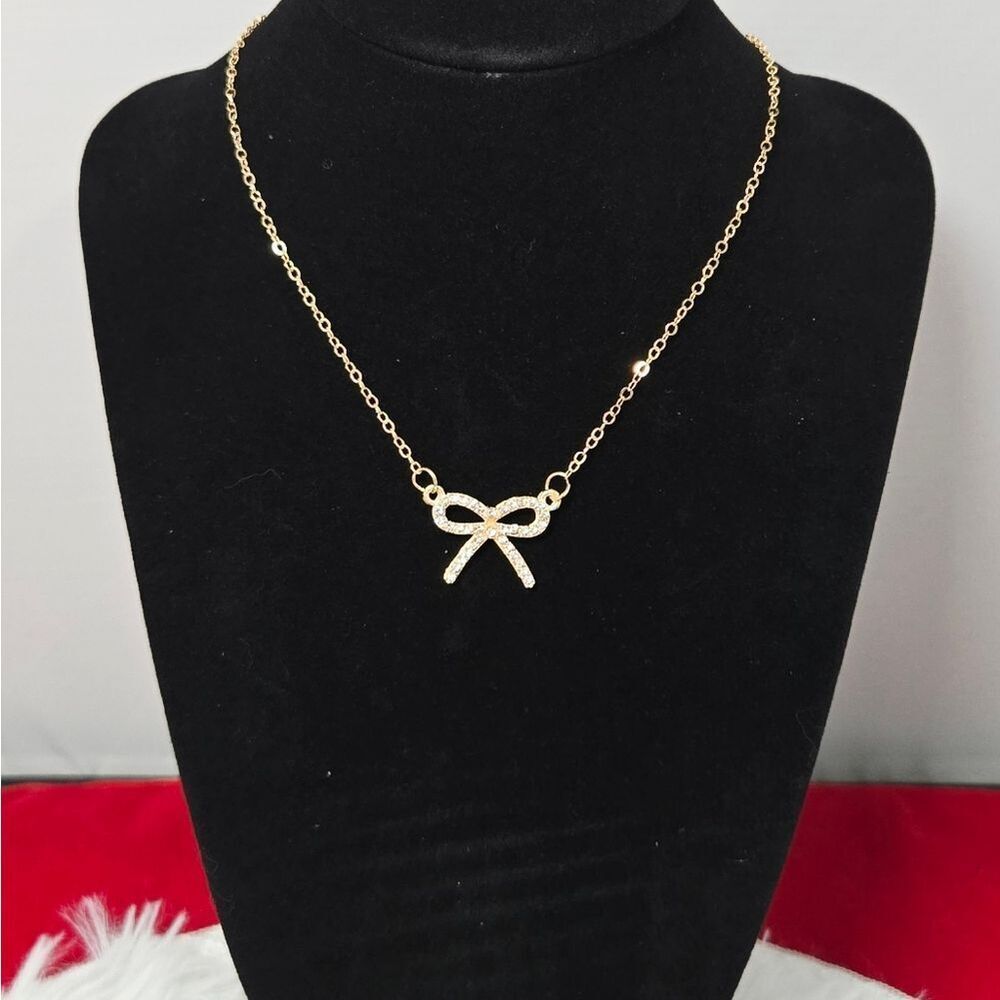 Gold Rhinestone Bow Necklace Dainty Coquette Sparkle Valentine Gift Feminine